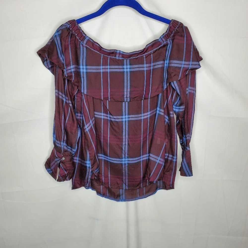 Loft Plaid Off Shoulder Long Sleeve Ruffle Top Blouse Women's Size XXSP NWOT. - Picture 8 of 9